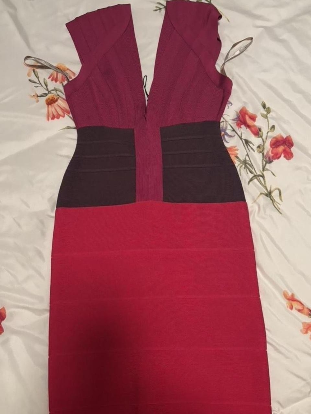 Herve Leger Magenta and Black One-Shoulder Bandage Bodycon Dress